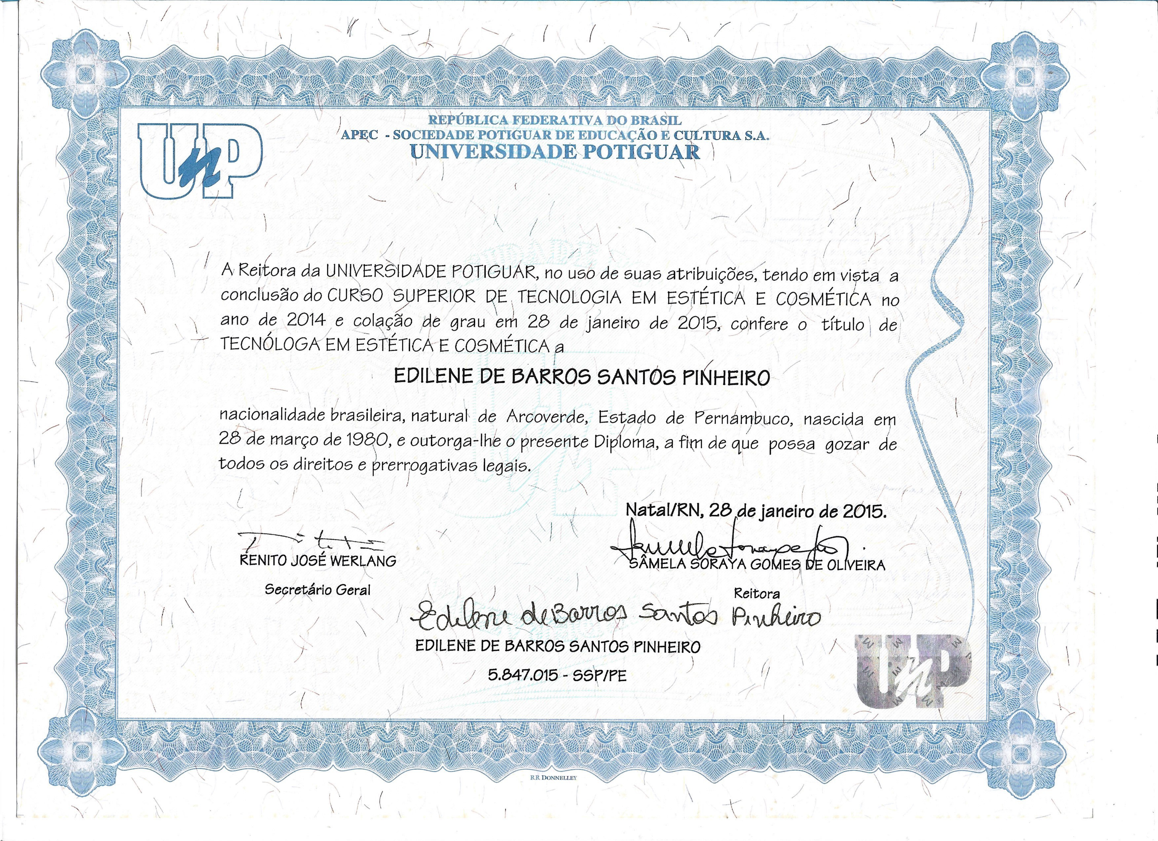 Certificado: Graduação em Estética e Cosmética