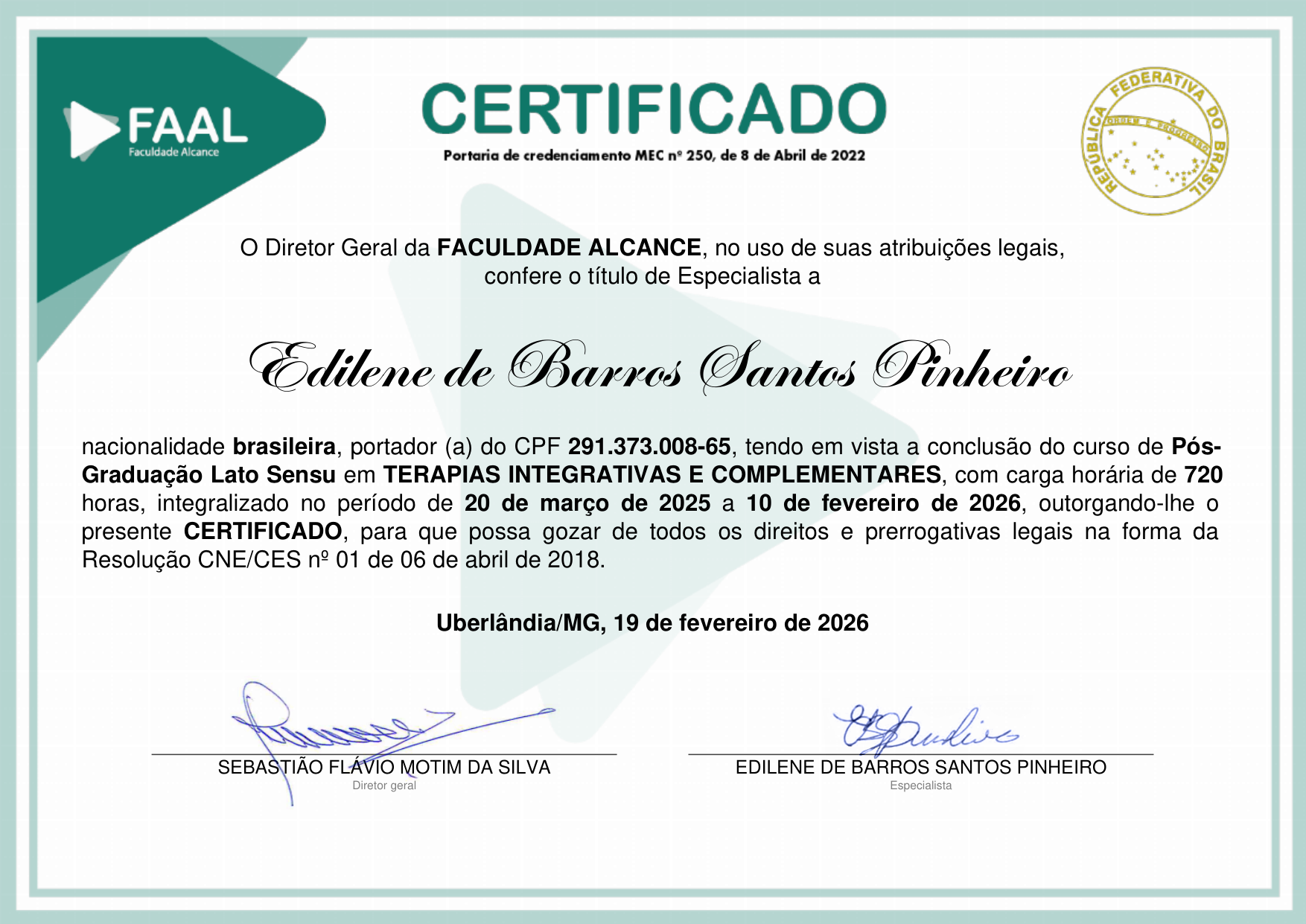 Certificado: Pós-Graduação em Terapias Integrativas e Complementares